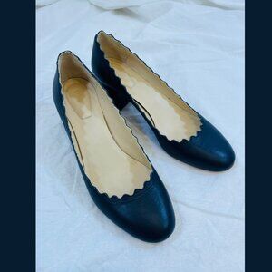 Chloe Scalloped Edge Blue Leather Block Heels - Size 39